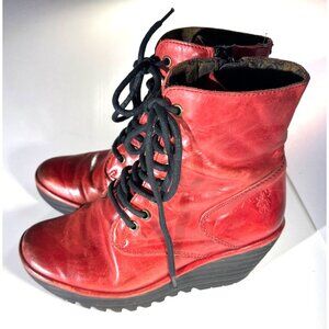 Fly London Red Leather Wedge Ankle Boots Lace Up Zip Size 36